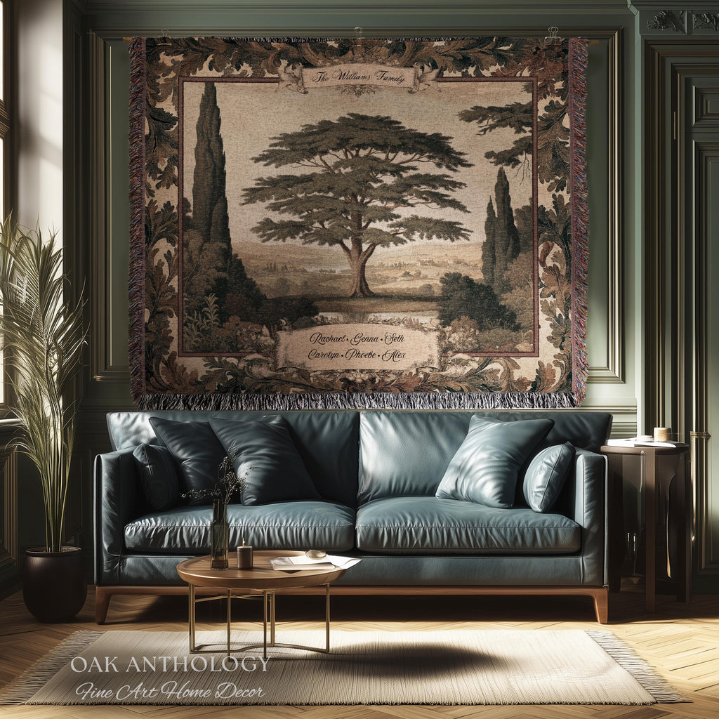 Majestic Cedar Tree Personalized Family Name Tapestry Wall Hanging | Custom Legacy Home Gift Verdure Woven Blanket Sentimental Keepsake Art