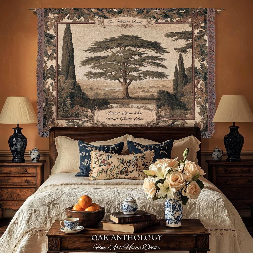 Majestic Cedar Tree Personalized Family Name Tapestry Wall Hanging | Custom Legacy Home Gift Verdure Woven Blanket Sentimental Keepsake Art