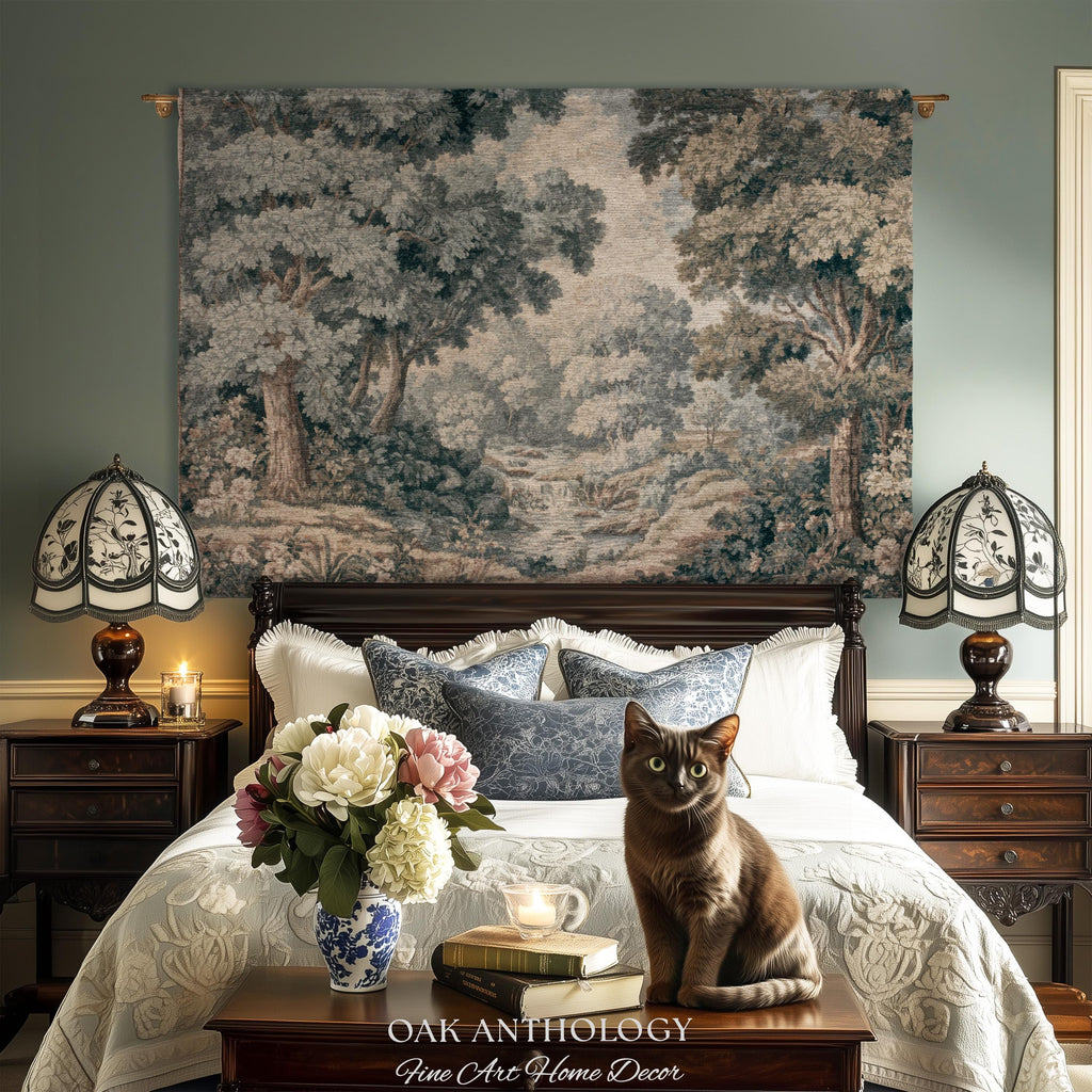 May include: A rectangular wall tapestry featuring a detailed forest landscape in muted blue, green, and brown tones. The scene depicts dense trees, foliage, and a small stream. The text "OAK ANTHOLOGY Fine Art Home Decor" is printed at the bottom.