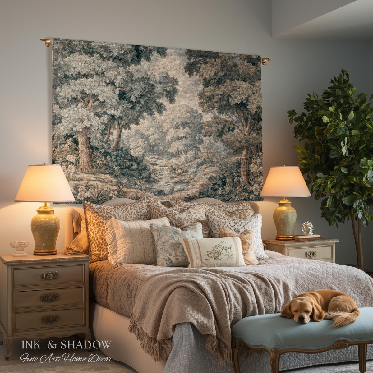 Misty Woodland Stream Scene Woven Waterfall Landscape Tapestry Wall Art | Serene Forest Grove Throw Blanket Classical Elegance Textile Decor