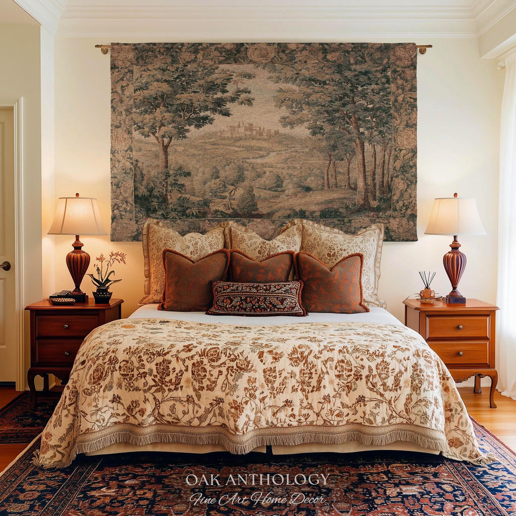 Regal Golden Sepia Hilltop Castle Verdure Tapestry Woven Wall Art | Antique Style Scenic Landscape Throw Romantic Countryside Classic Decor
