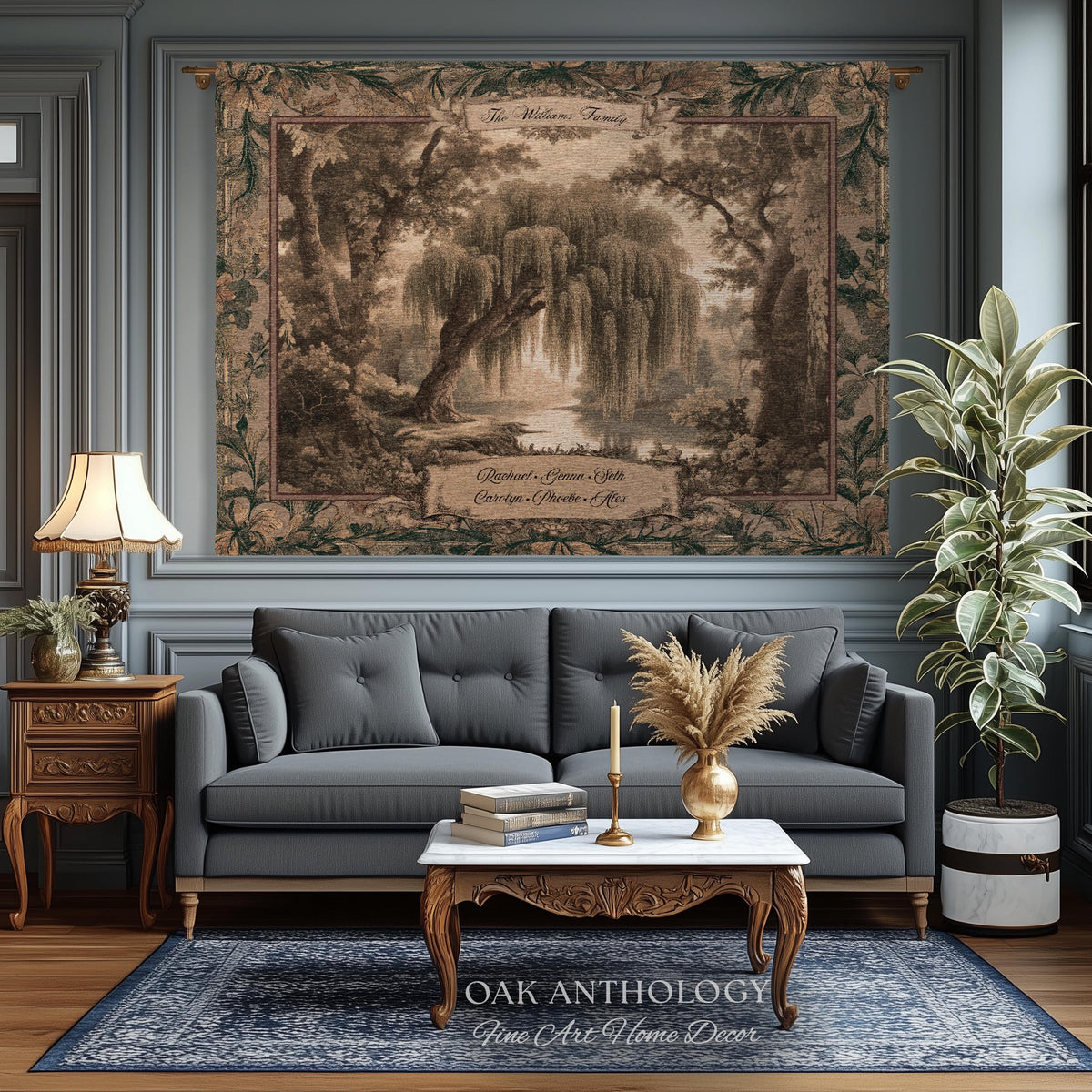 Golden Verdure Weeping Willow Tapestry Custom Family Names | Dreamy Romantic Woven Throw Blanket Ancestral Woodland Personalized Wall Art