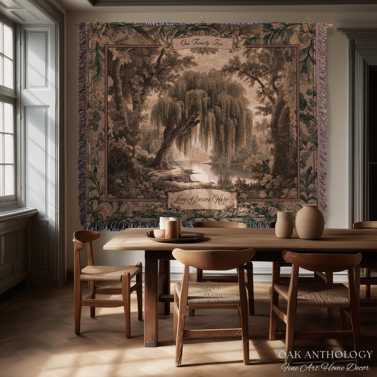 Golden Verdure Weeping Willow Tapestry Custom Family Names | Dreamy Romantic Woven Throw Blanket Ancestral Woodland Personalized Wall Art