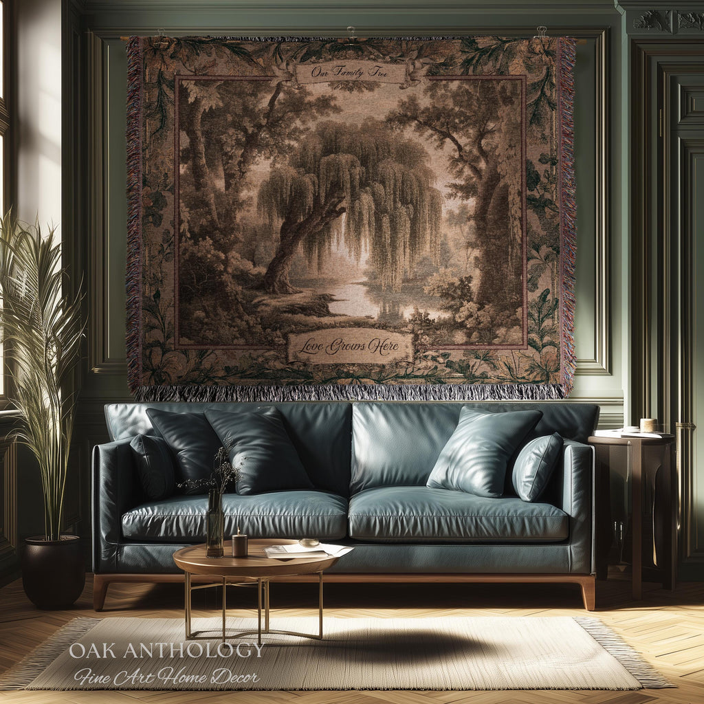 Golden Verdure Weeping Willow Tapestry Custom Family Names | Dreamy Romantic Woven Throw Blanket Ancestral Woodland Personalized Wall Art