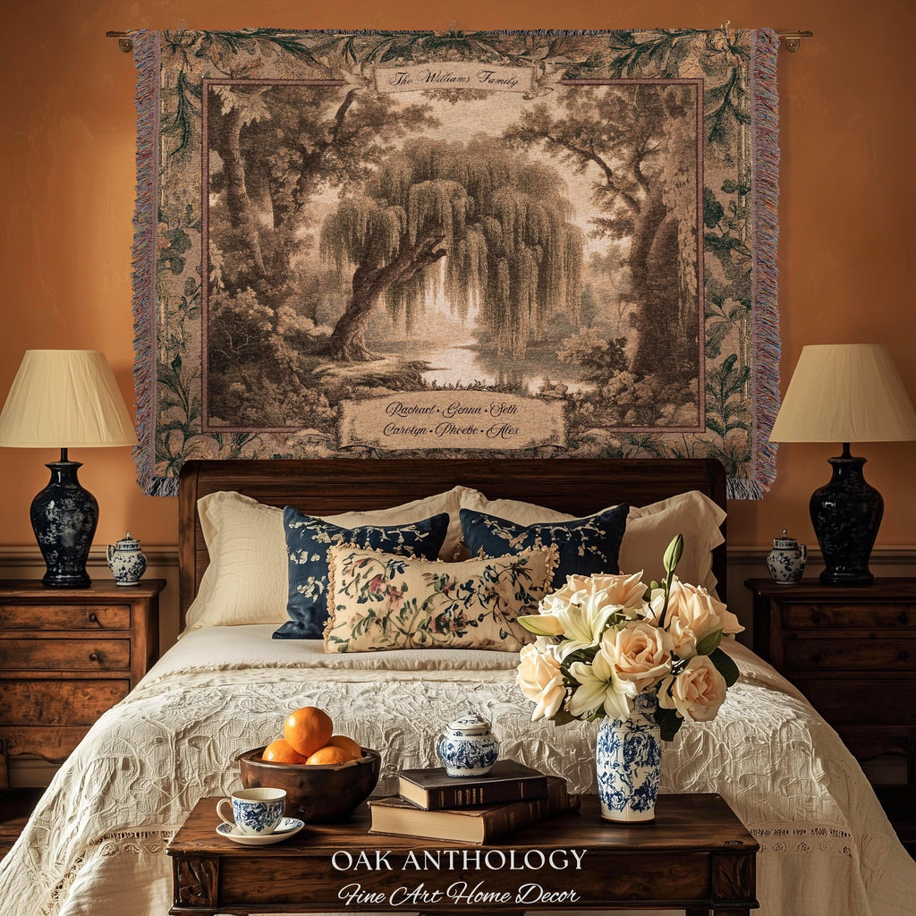 Golden Verdure Weeping Willow Tapestry Custom Family Names | Dreamy Romantic Woven Throw Blanket Ancestral Woodland Personalized Wall Art