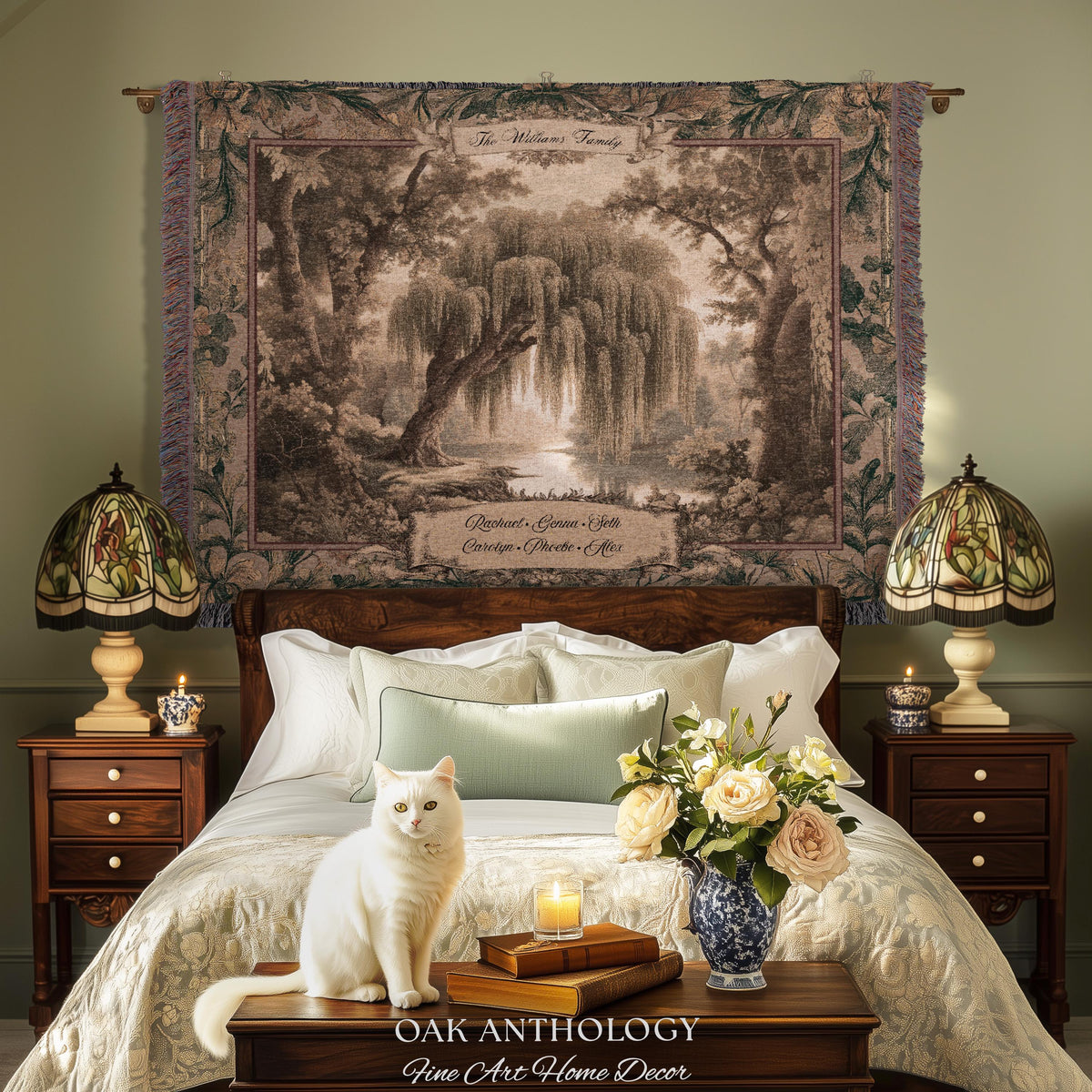 Golden Verdure Weeping Willow Tapestry Custom Family Names | Dreamy Romantic Woven Throw Blanket Ancestral Woodland Personalized Wall Art