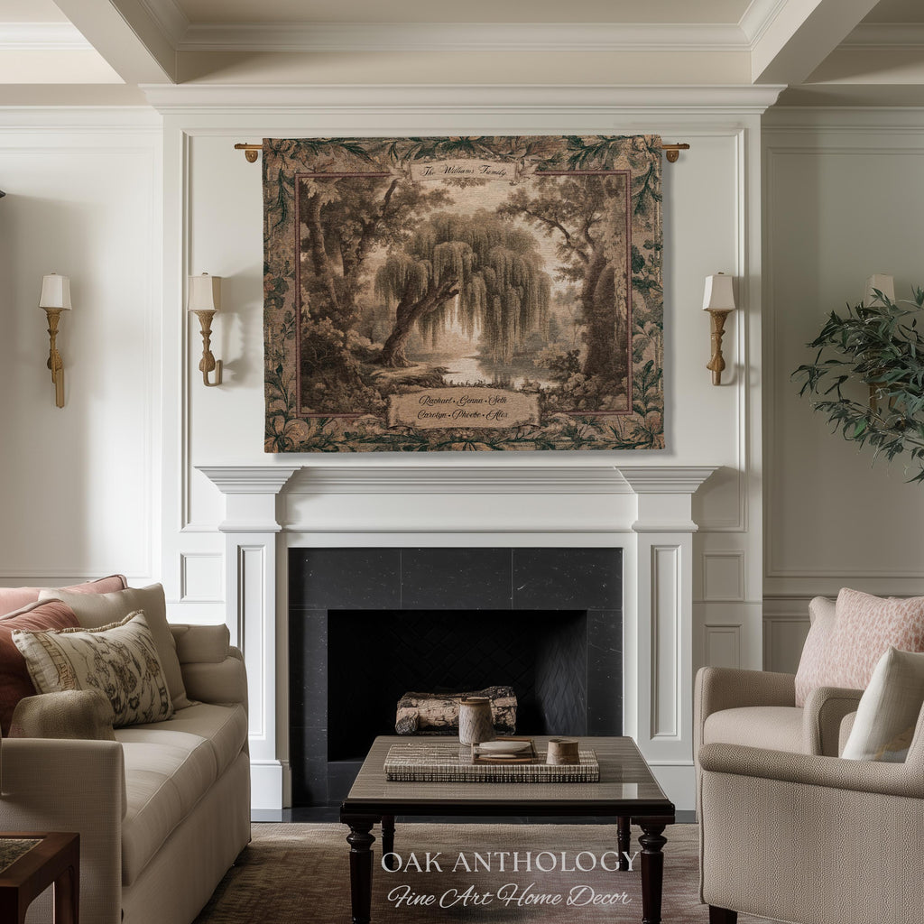 Golden Verdure Weeping Willow Tapestry Custom Family Names | Dreamy Romantic Woven Throw Blanket Ancestral Woodland Personalized Wall Art