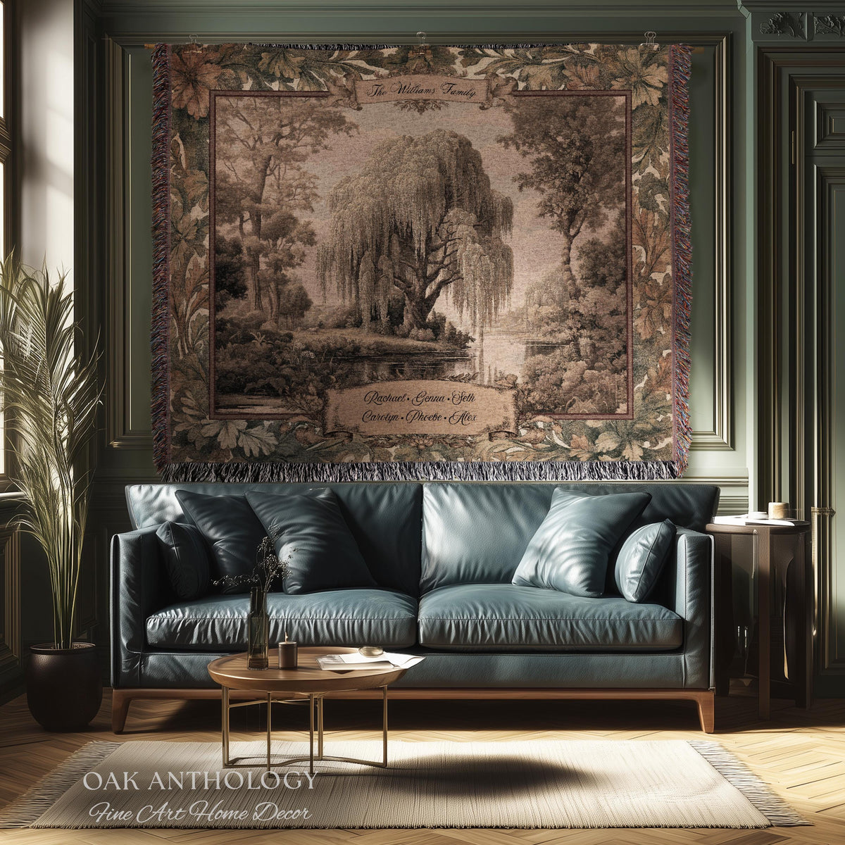 Classical Verdure Weeping Willow Custom Names Tapestry | Elegant Botanical Woven Throw Blanket Personalized Ancestral Timeless Keepsake Gift