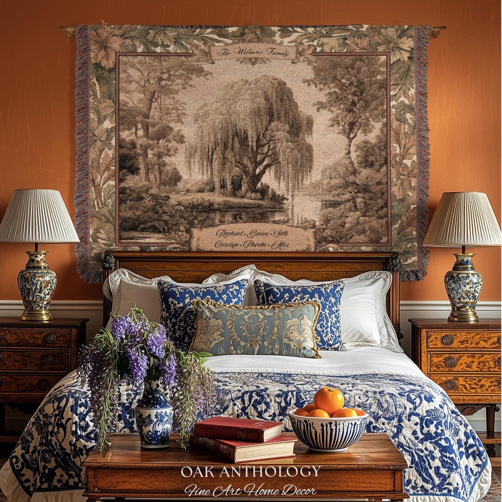 Classical Verdure Weeping Willow Custom Names Tapestry | Elegant Botanical Woven Throw Blanket Personalized Ancestral Timeless Keepsake Gift