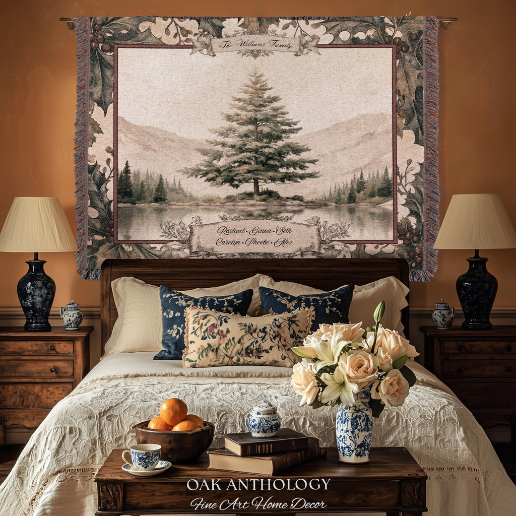 Serene Alpine Spruce Custom Family Tapestry Personalized Name Decor | Misty Lake Woven Throw Wintry Sentimental Legacy Heirloom Wall Hanging