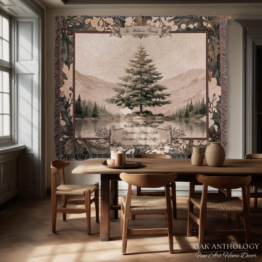 Serene Alpine Spruce Custom Family Tapestry Personalized Name Decor | Misty Lake Woven Throw Wintry Sentimental Legacy Heirloom Wall Hanging