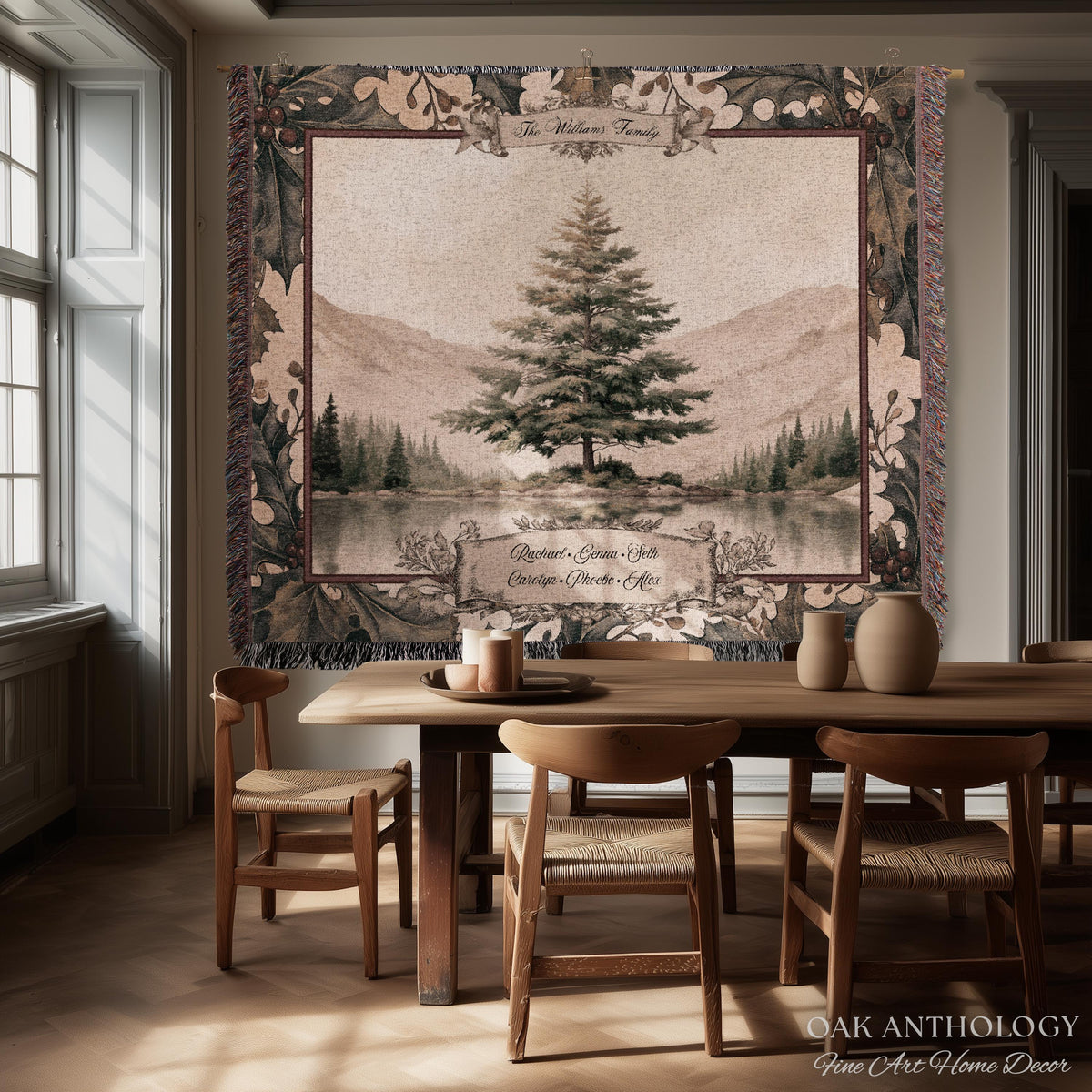 Serene Alpine Spruce Custom Family Tapestry Personalized Name Decor | Misty Lake Woven Throw Wintry Sentimental Legacy Heirloom Wall Hanging