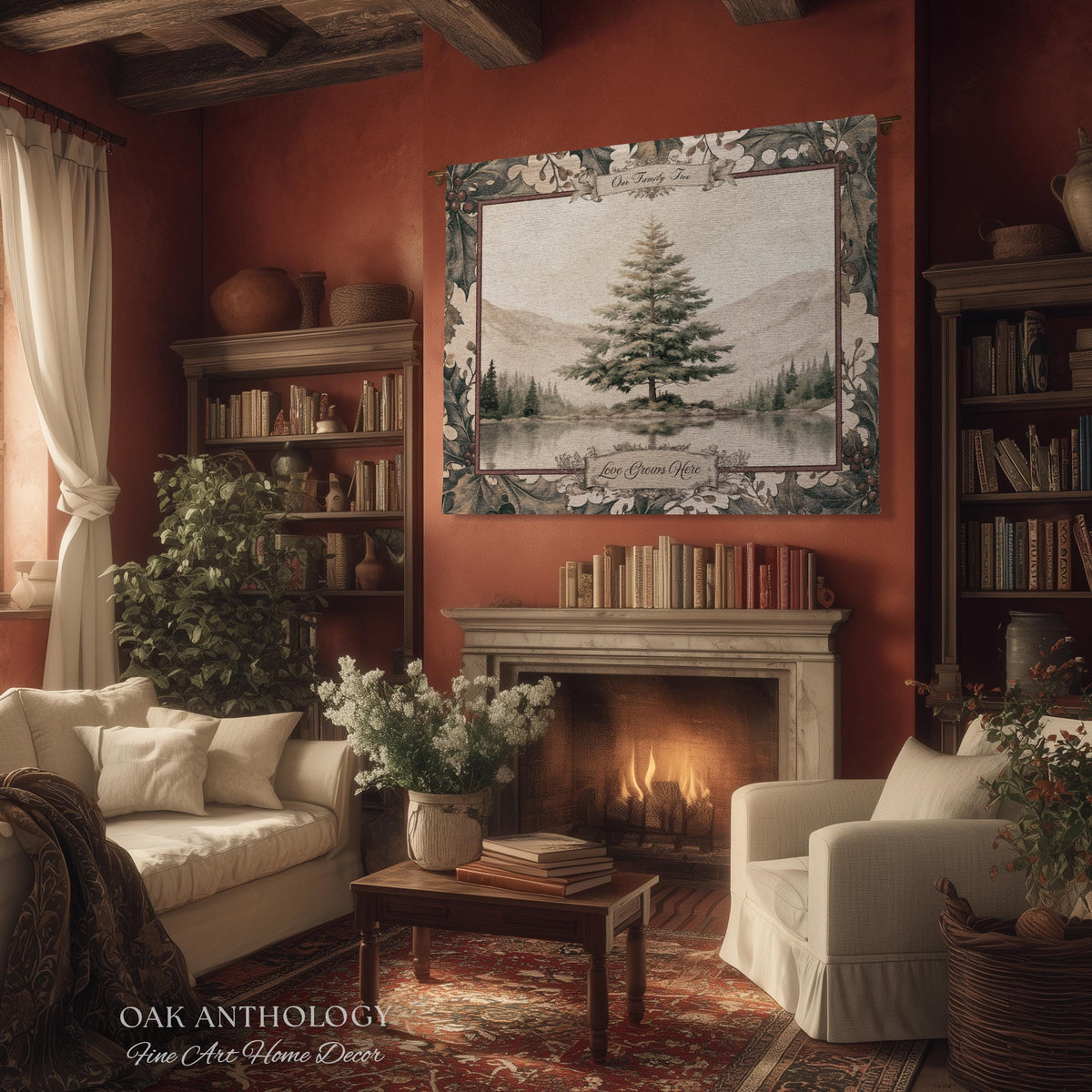 Serene Alpine Spruce Custom Family Tapestry Personalized Name Decor | Misty Lake Woven Throw Wintry Sentimental Legacy Heirloom Wall Hanging