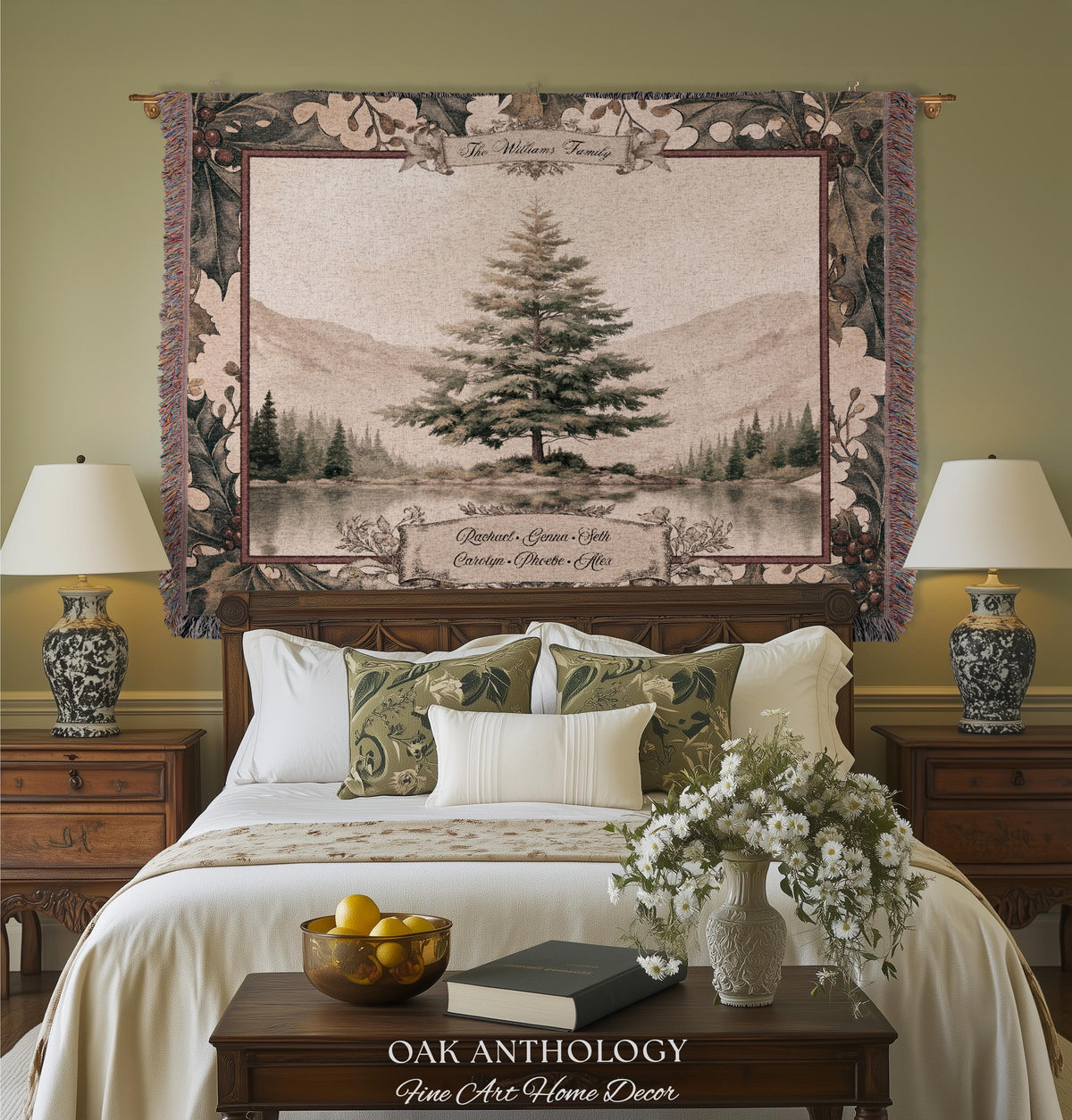 Serene Alpine Spruce Custom Family Tapestry Personalized Name Decor | Misty Lake Woven Throw Wintry Sentimental Legacy Heirloom Wall Hanging