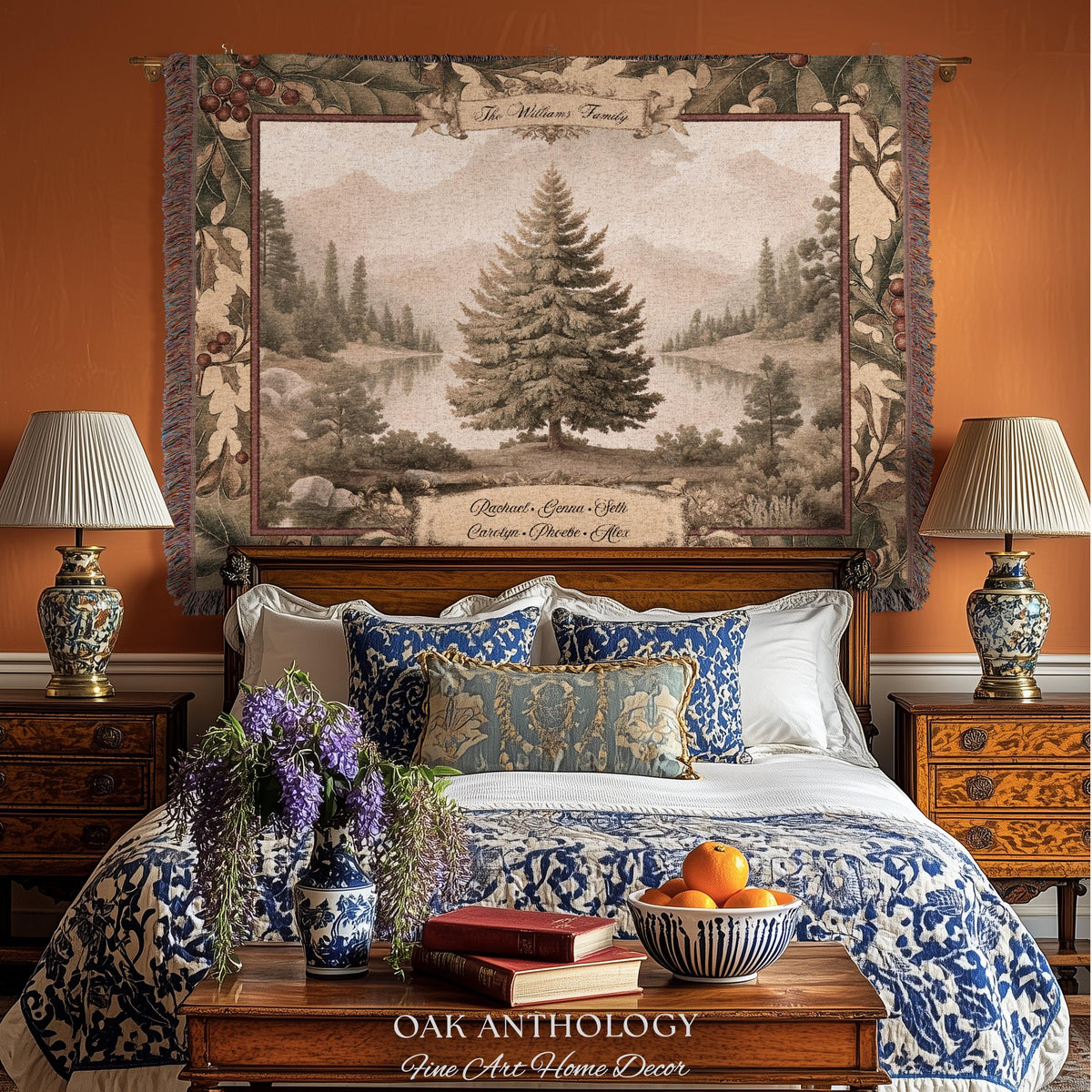 Rustic River Spruce Family Tree Woven Tapestry Custom Names | Woodland Heritage Throw Blanket Personalized Ancestral Heartfelt Keepsake Gift