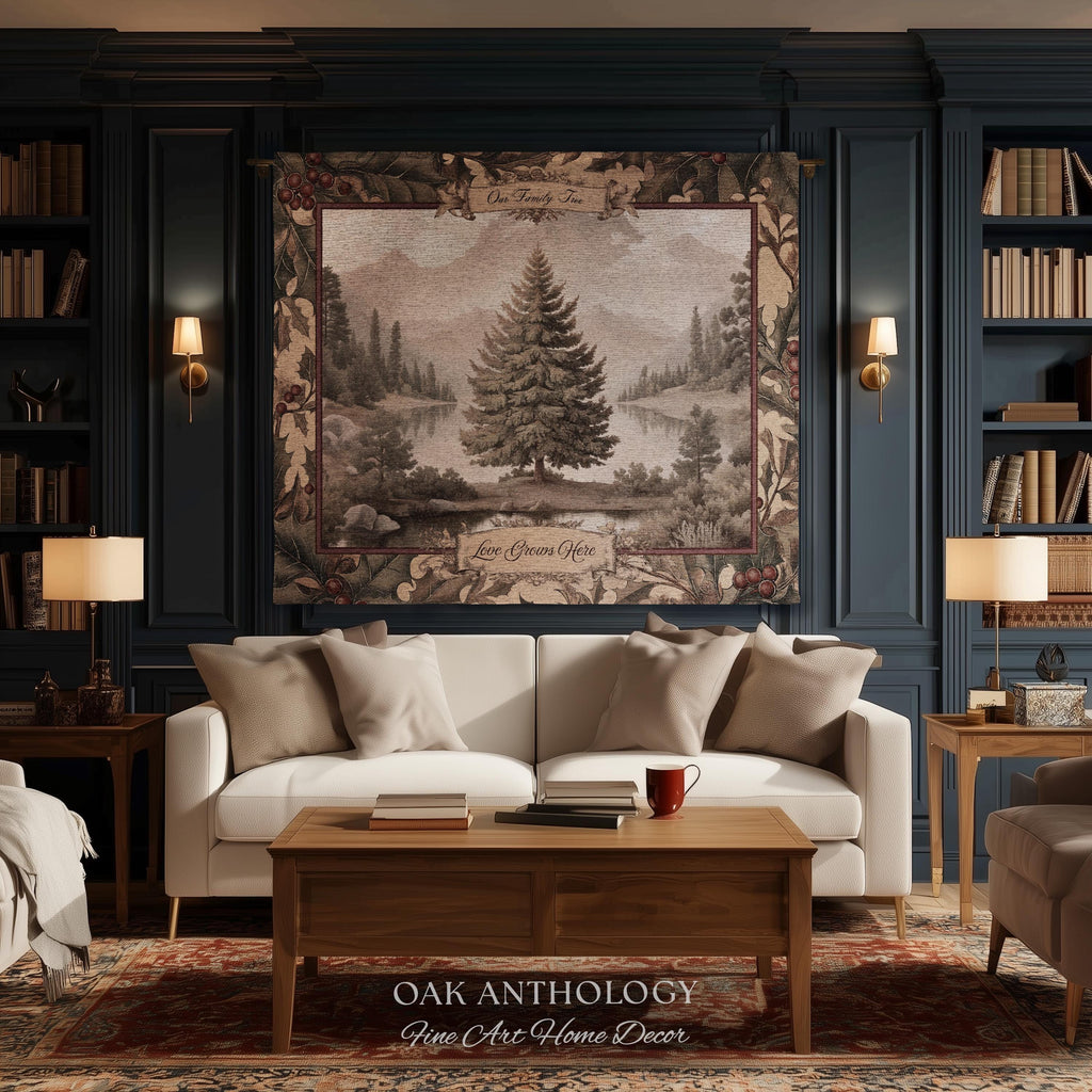Rustic River Spruce Family Tree Woven Tapestry Custom Names | Woodland Heritage Throw Blanket Personalized Ancestral Heartfelt Keepsake Gift