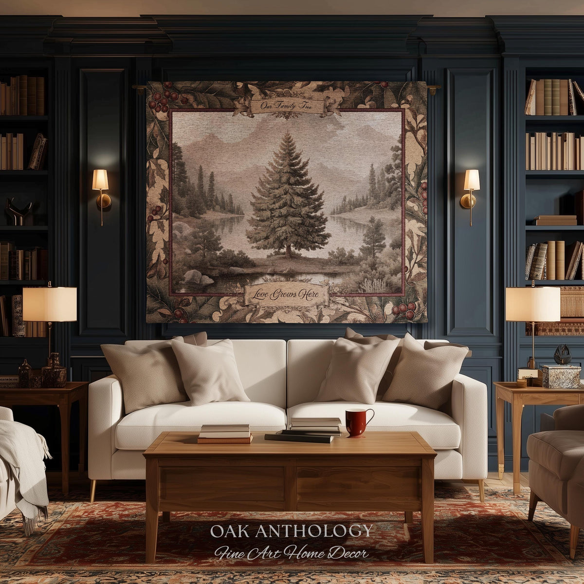 Rustic River Spruce Family Tree Woven Tapestry Custom Names | Woodland Heritage Throw Blanket Personalized Ancestral Heartfelt Keepsake Gift