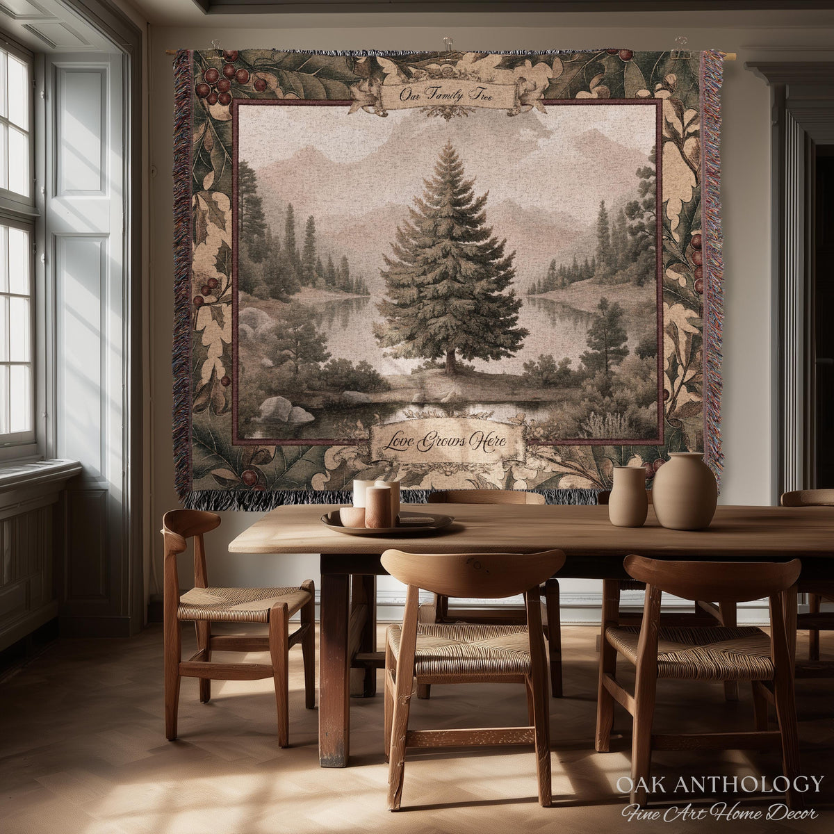 Rustic River Spruce Family Tree Woven Tapestry Custom Names | Woodland Heritage Throw Blanket Personalized Ancestral Heartfelt Keepsake Gift