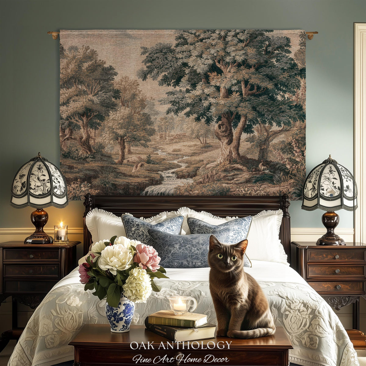 Charming Woodland Stream Scene Woven Tapestry Verdure Wall Art | Traditional Old World Charm Decor Forest Interior Jacquard Throw Blanket