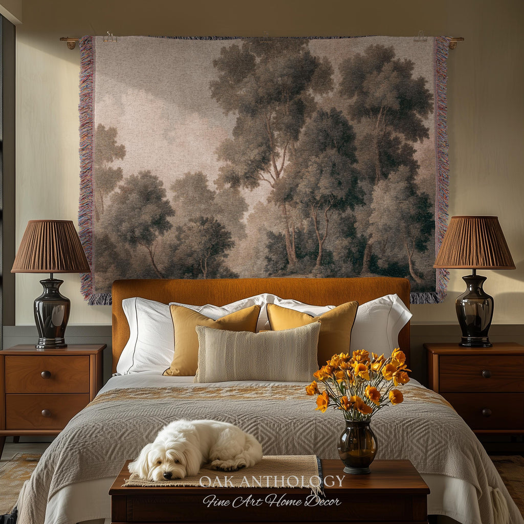 Soft Misty Moody Woodland Trees Woven Tapestry Above Bed Art | Muted Forest Landscape Serene Neutral Timeless Old World Classical Wall Decor