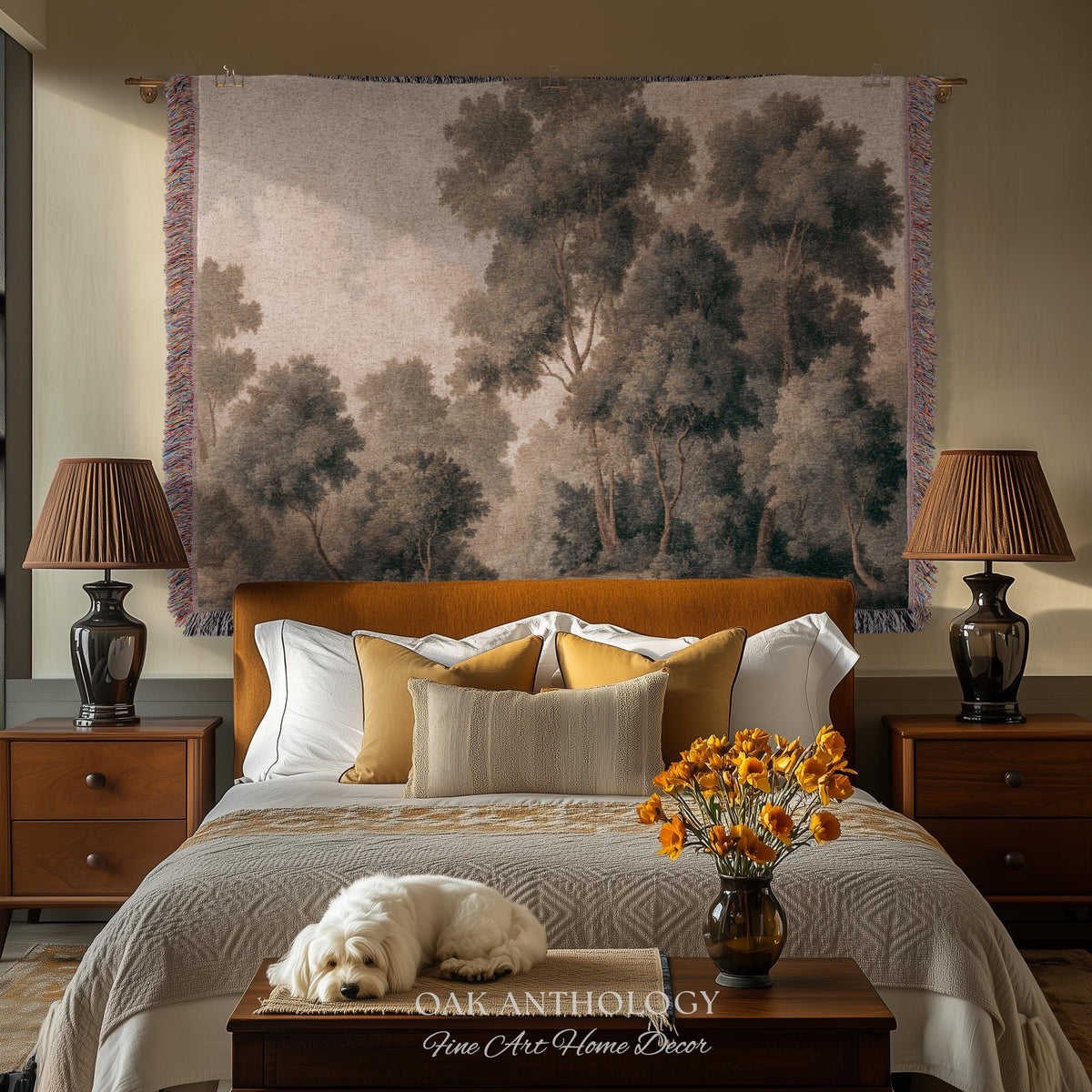 Soft Misty Moody Woodland Trees Woven Tapestry Above Bed Art | Muted Forest Landscape Serene Neutral Timeless Old World Classical Wall Decor