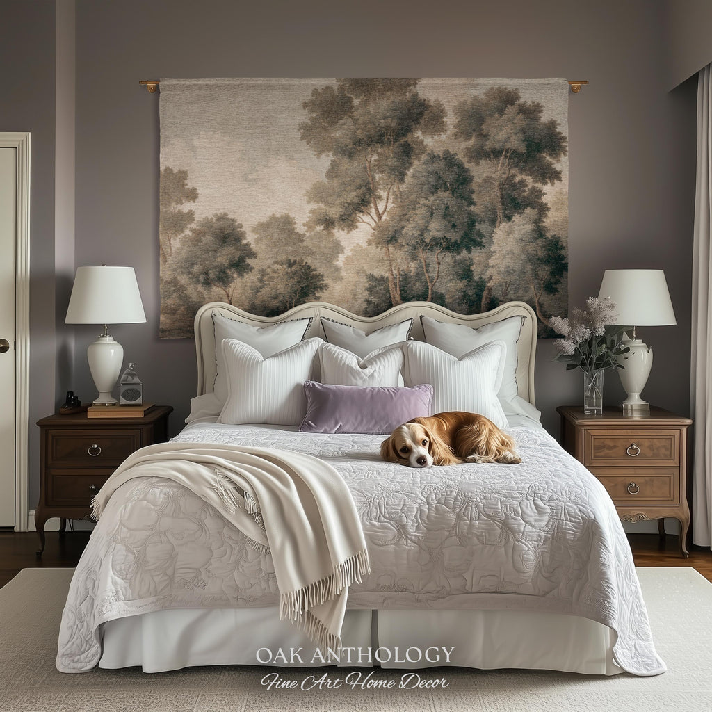Soft Misty Moody Woodland Trees Woven Tapestry Above Bed Art | Muted Forest Landscape Serene Neutral Timeless Old World Classical Wall Decor