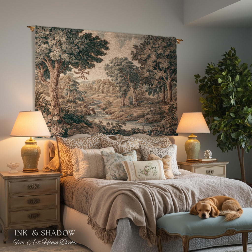 Riverbank Scene Verdure Woven Tapestry Decorative Statement | Muted Forest Landscape Jacquard Rustic Cottagecore Grandmillennial Wall Art