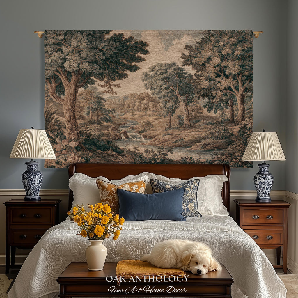 Riverbank Scene Verdure Woven Tapestry Decorative Statement | Muted Forest Landscape Jacquard Rustic Cottagecore Grandmillennial Wall Art