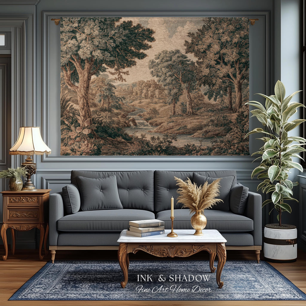 Riverbank Scene Verdure Woven Tapestry Decorative Statement | Muted Forest Landscape Jacquard Rustic Cottagecore Grandmillennial Wall Art
