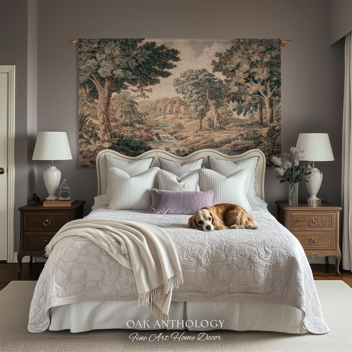 Riverbank Scene Verdure Woven Tapestry Decorative Statement | Muted Forest Landscape Jacquard Rustic Cottagecore Grandmillennial Wall Art