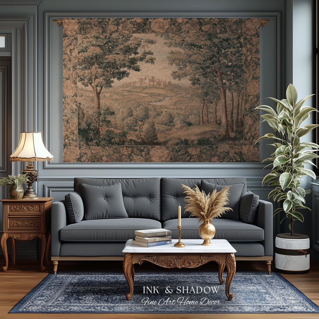 Regal Golden Sepia Hilltop Castle Verdure Tapestry Woven Wall Art | Antique Style Scenic Landscape Throw Romantic Countryside Classic Decor