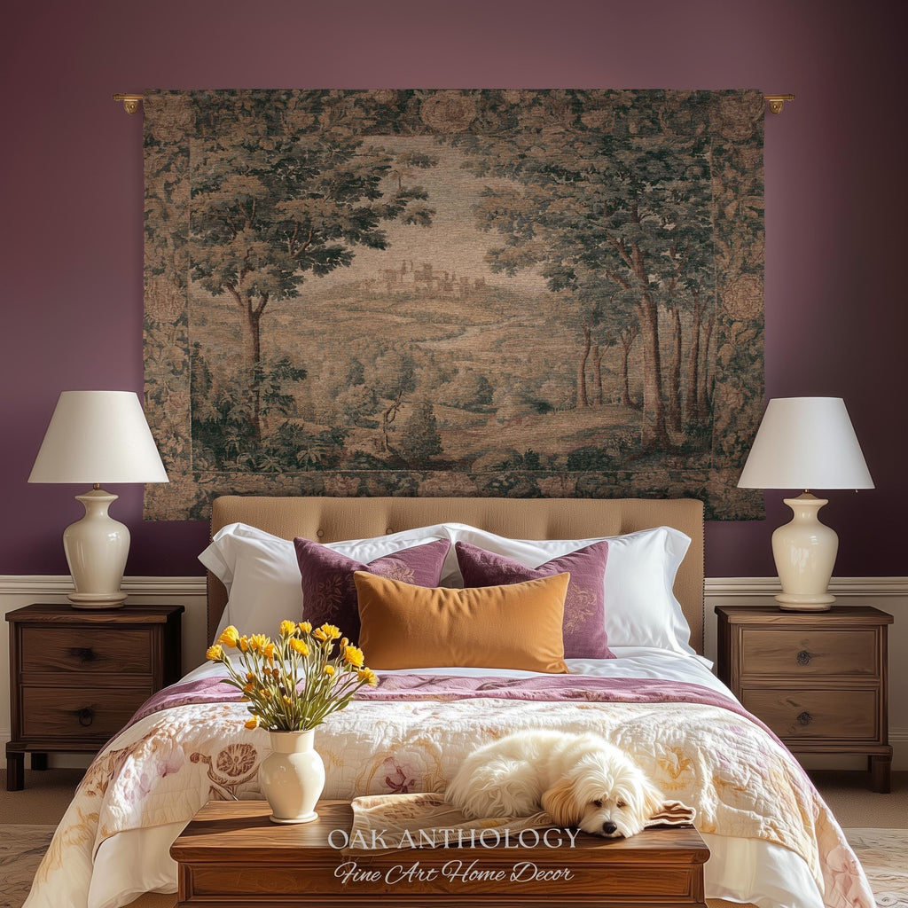 Regal Golden Sepia Hilltop Castle Verdure Tapestry Woven Wall Art | Antique Style Scenic Landscape Throw Romantic Countryside Classic Decor