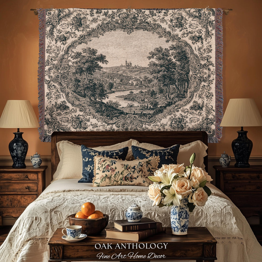 Castle Vignette Toile Style Woven Tapestry | Ornate Rococo Baroque French Countryside Throw Monochrome Landscape Pastoral Scenic Wall Decor