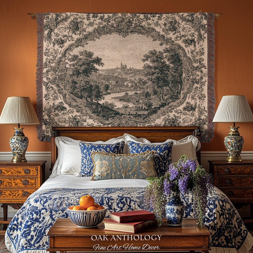 Castle Vignette Toile Style Woven Tapestry | Ornate Rococo Baroque French Countryside Throw Monochrome Landscape Pastoral Scenic Wall Decor
