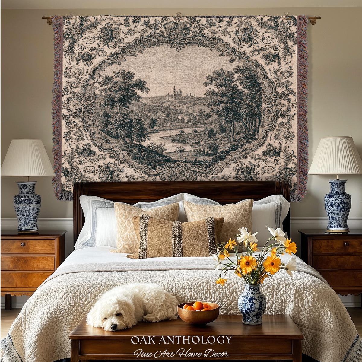 Castle Vignette Toile Style Woven Tapestry | Ornate Rococo Baroque French Countryside Throw Monochrome Landscape Pastoral Scenic Wall Decor