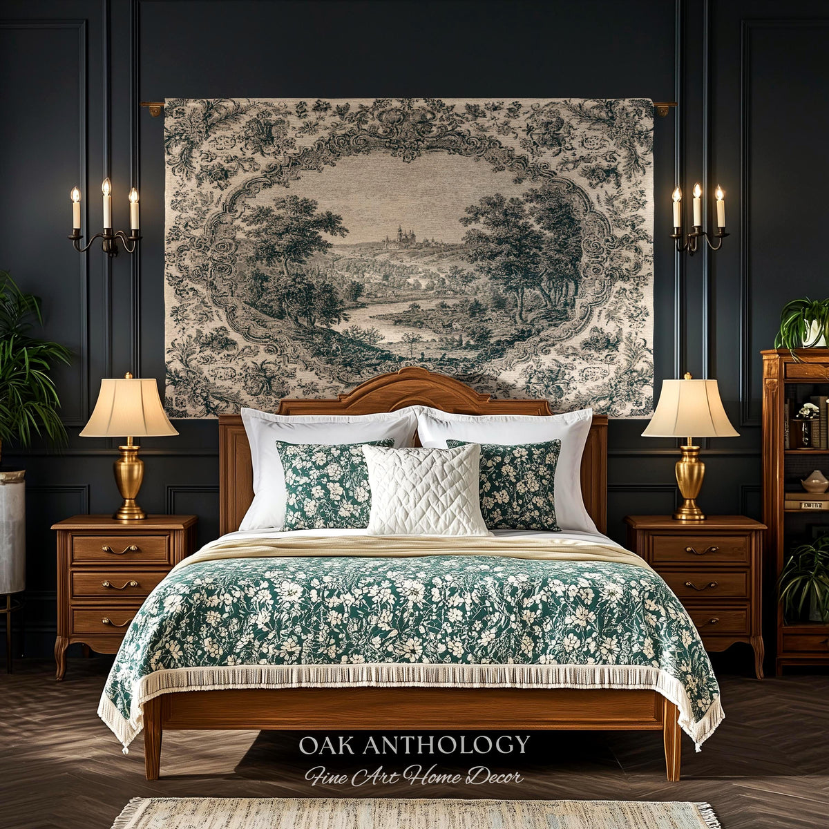 Castle Vignette Toile Style Woven Tapestry | Ornate Rococo Baroque French Countryside Throw Monochrome Landscape Pastoral Scenic Wall Decor