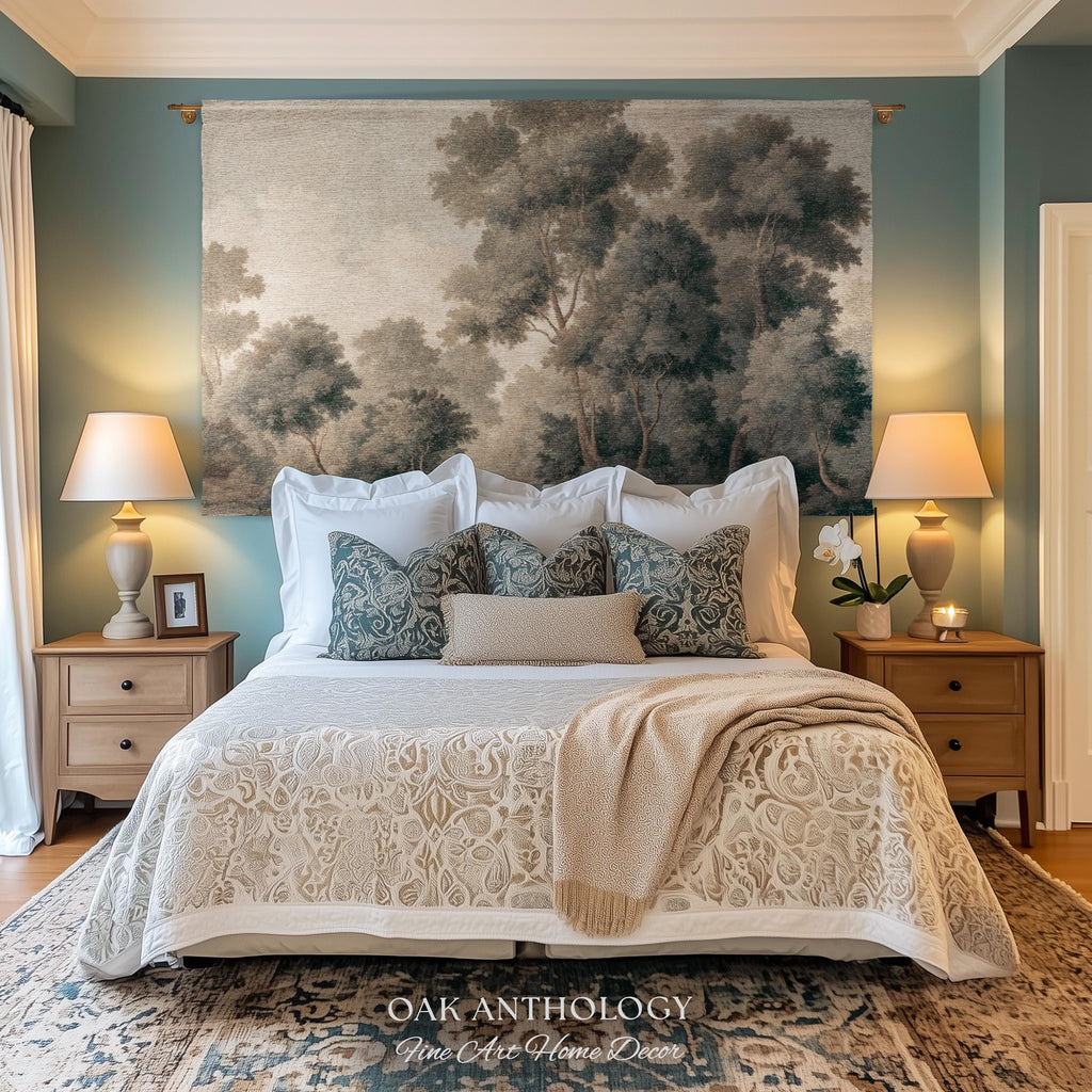 Soft Misty Moody Woodland Trees Woven Tapestry Above Bed Art | Muted Forest Landscape Serene Neutral Timeless Old World Classical Wall Decor