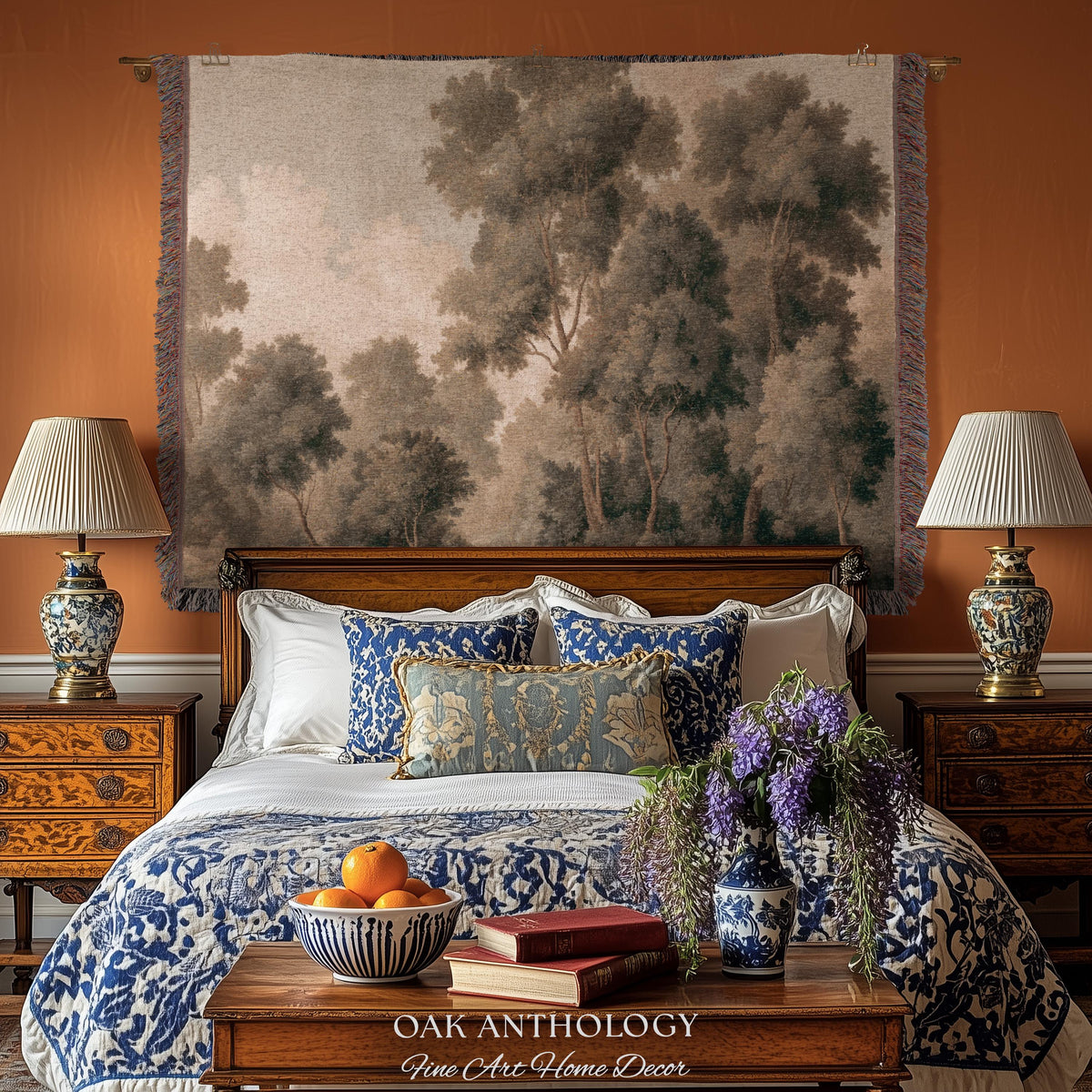Soft Misty Moody Woodland Trees Woven Tapestry Above Bed Art | Muted Forest Landscape Serene Neutral Timeless Old World Classical Wall Decor