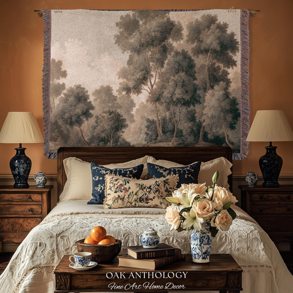 Soft Misty Moody Woodland Trees Woven Tapestry Above Bed Art | Muted Forest Landscape Serene Neutral Timeless Old World Classical Wall Decor
