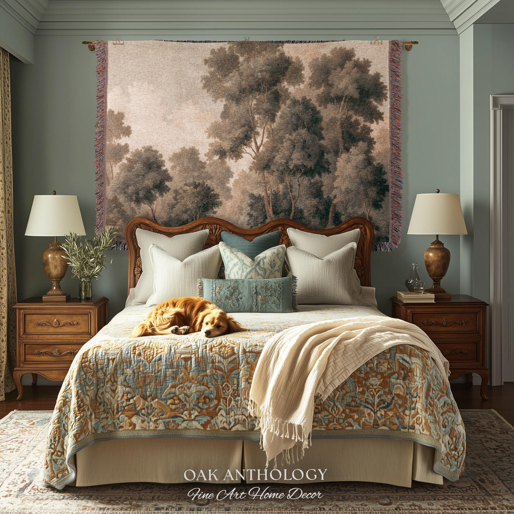 Soft Misty Moody Woodland Trees Woven Tapestry Above Bed Art | Muted Forest Landscape Serene Neutral Timeless Old World Classical Wall Decor