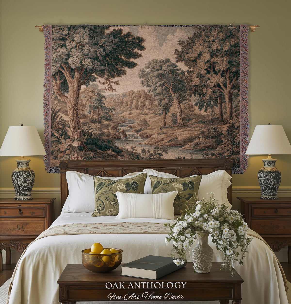 Riverbank Scene Verdure Woven Tapestry Decorative Statement | Muted Forest Landscape Jacquard Rustic Cottagecore Grandmillennial Wall Art