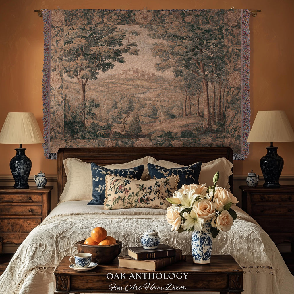 Regal Golden Sepia Hilltop Castle Verdure Tapestry Woven Wall Art | Antique Style Scenic Landscape Throw Romantic Countryside Classic Decor