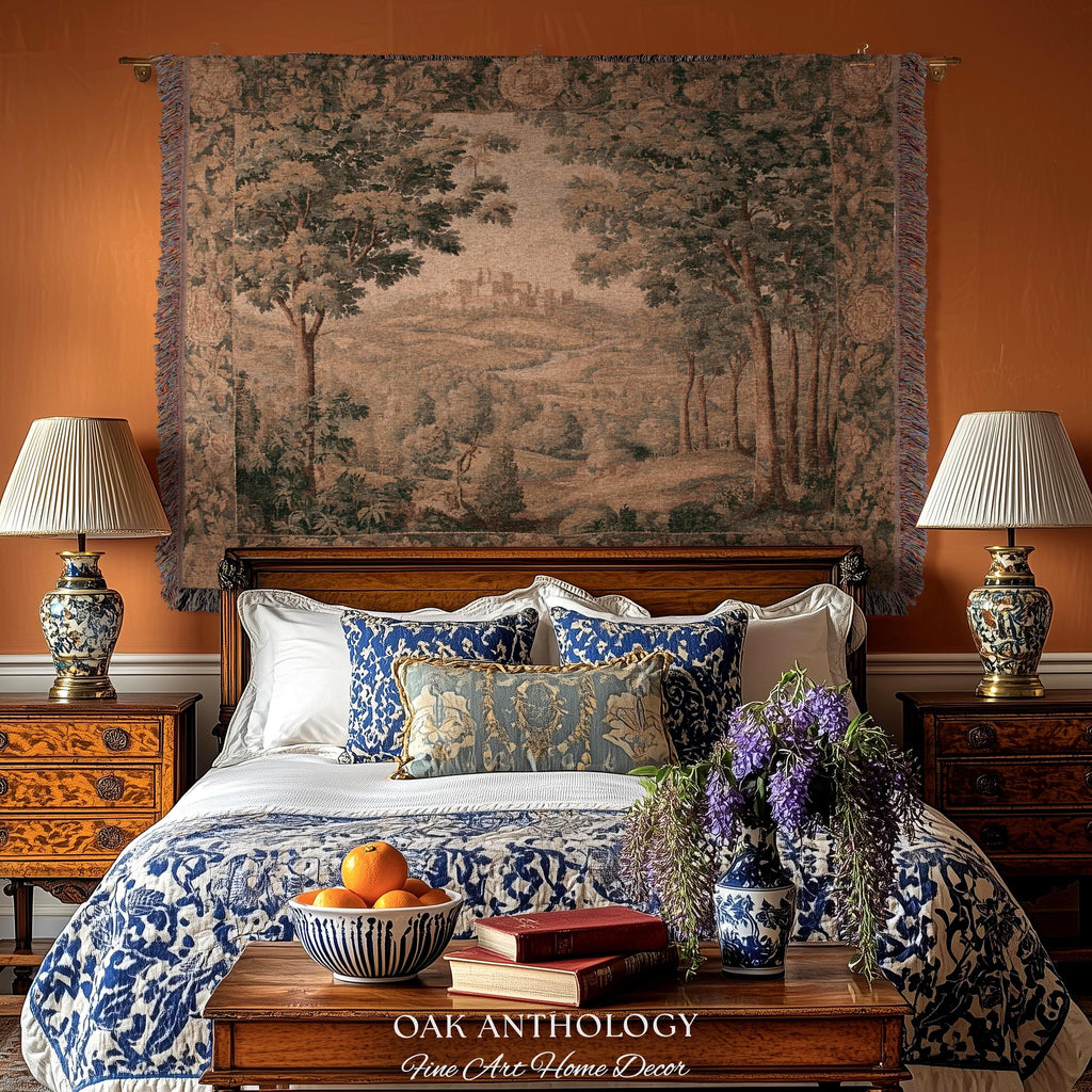 Regal Golden Sepia Hilltop Castle Verdure Tapestry Woven Wall Art | Antique Style Scenic Landscape Throw Romantic Countryside Classic Decor