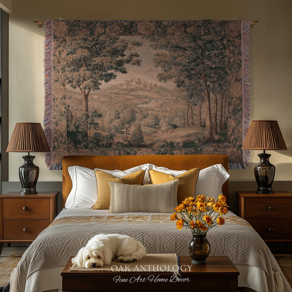 Regal Golden Sepia Hilltop Castle Verdure Tapestry Woven Wall Art | Antique Style Scenic Landscape Throw Romantic Countryside Classic Decor