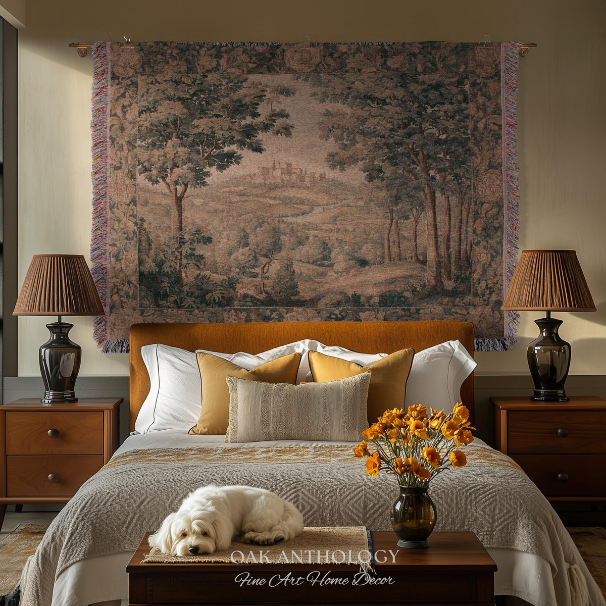 Regal Golden Sepia Hilltop Castle Verdure Tapestry Woven Wall Art | Antique Style Scenic Landscape Throw Romantic Countryside Classic Decor