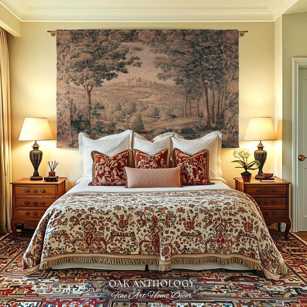 Regal Golden Sepia Hilltop Castle Verdure Tapestry Woven Wall Art | Antique Style Scenic Landscape Throw Romantic Countryside Classic Decor