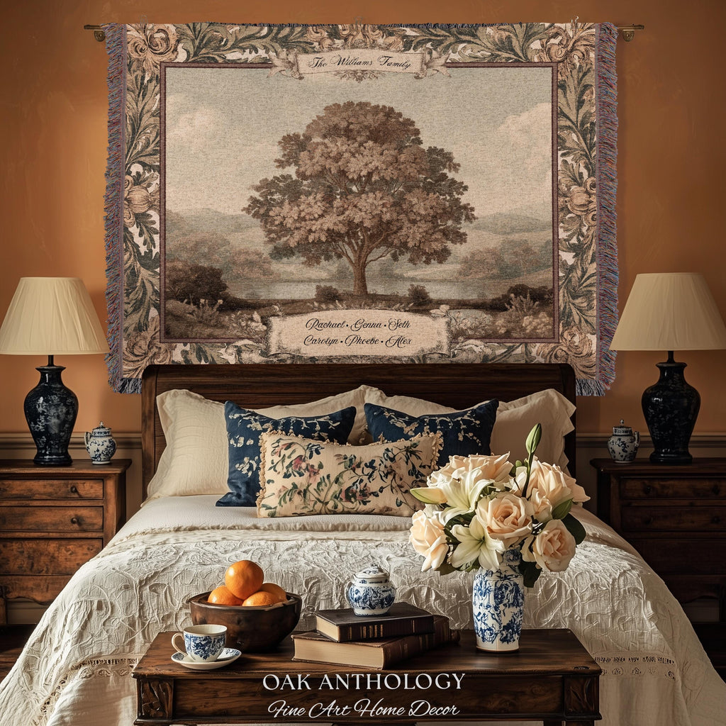 Old World Charm Wall Hanging Chestnut Family Tree Custom Names Tapestry | Heirloom Woven Throw Personalized Verdure Ancestral Keepsake Gift