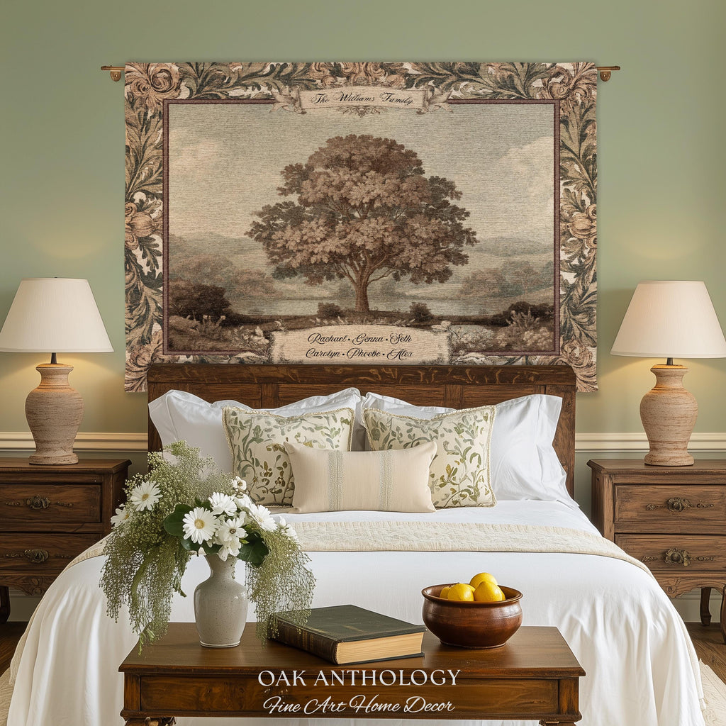 Old World Charm Wall Hanging Chestnut Family Tree Custom Names Tapestry | Heirloom Woven Throw Personalized Verdure Ancestral Keepsake Gift