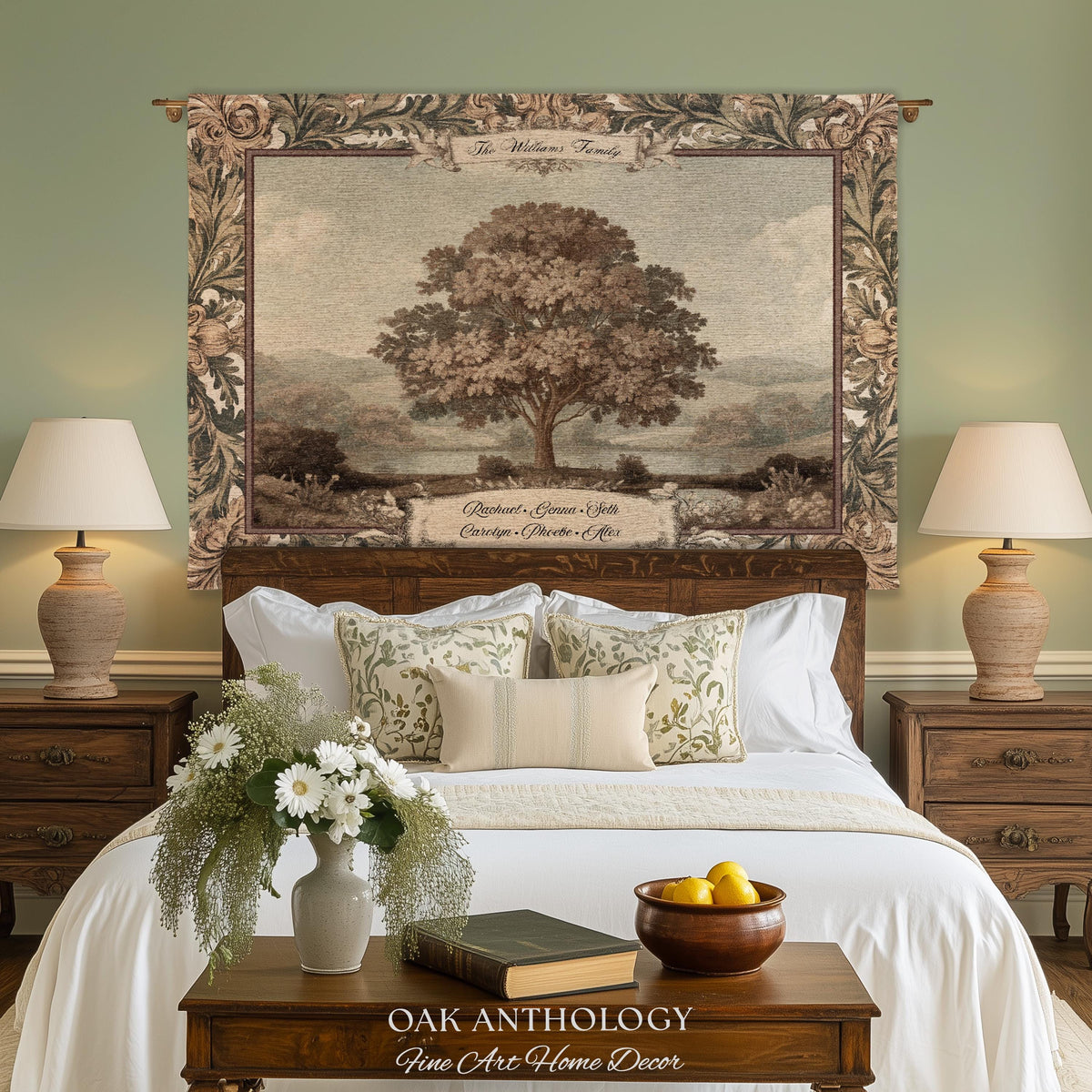 Old World Charm Wall Hanging Chestnut Family Tree Custom Names Tapestry | Heirloom Woven Throw Personalized Verdure Ancestral Keepsake Gift