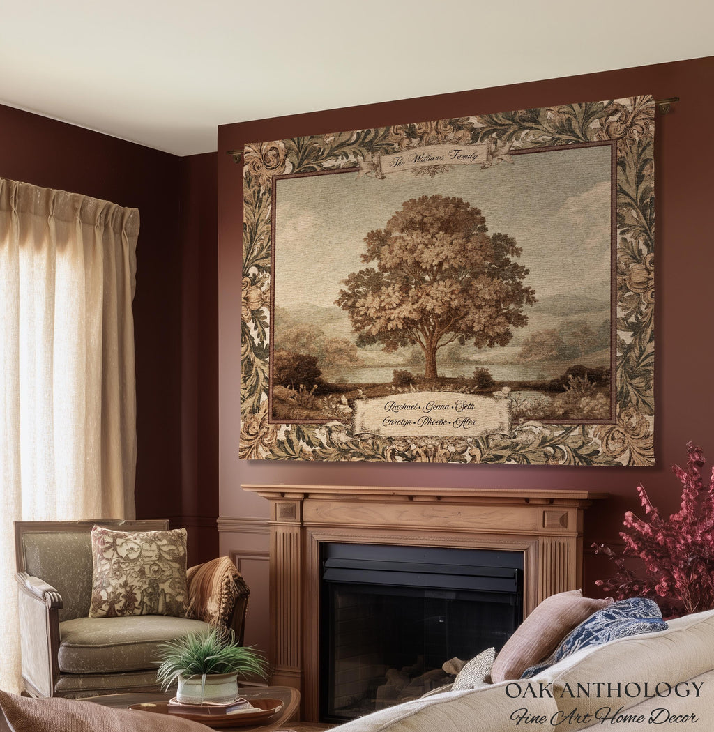 Old World Charm Wall Hanging Chestnut Family Tree Custom Names Tapestry | Heirloom Woven Throw Personalized Verdure Ancestral Keepsake Gift